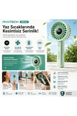 ZB162 Dijital Göstergeli Mini El Fanı Şarj Edilebilir Taşınabilir Cep Vantilatörü Mint Yeşili