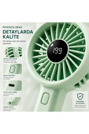ZB162 Dijital Göstergeli Mini El Fanı Şarj Edilebilir Taşınabilir Cep Vantilatörü Mint Yeşili