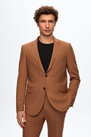 Twn Slim Fit Camel Armürlü Sivri Yaka Viskonlu Takim Elbise 0EF05KV01535M