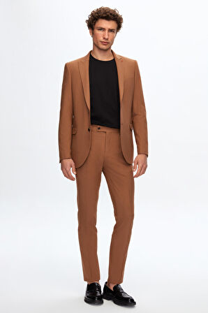 Twn Slim Fit Camel Armürlü Sivri Yaka Viskonlu Takim Elbise 0EF05KV01535M