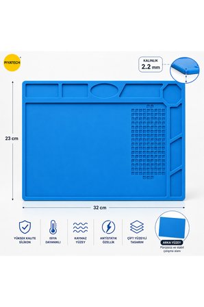 Mavi Silikon Tamir Pedi Isıya Dayanıklı Manyetik Vidalama Bölmeli Elektronik Servis Matı 32 x 23 cm