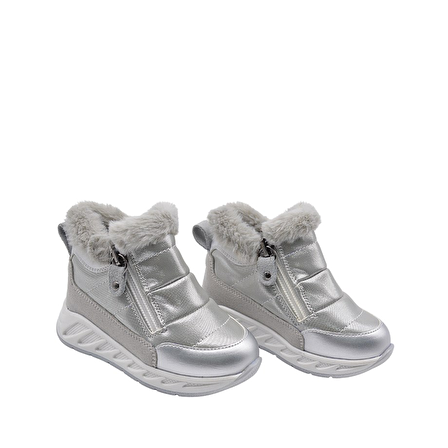 Bonthe Çift Fermuarlı İçi Peluş Kürklü Paraşüt Kumaş Kız Çocuk Bot Gümüş