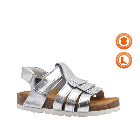 Loren Tek Cırtlı Püsküllü Deri Kız Çocuk Sandalet Gümüş