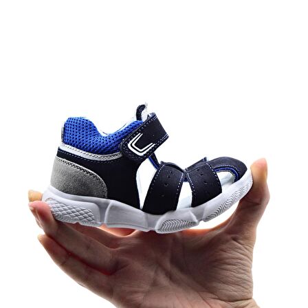 Flex Cırtlı File Detaylı Hakiki Deri Erkek Bebek Sandalet Lacivert