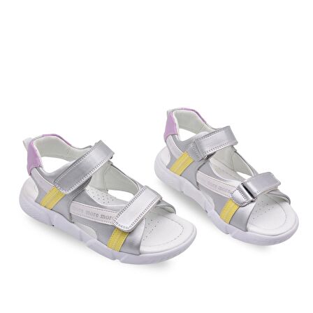 Jules Çift Cırtlı Deri Kız Çocuk Sandalet Gümüş