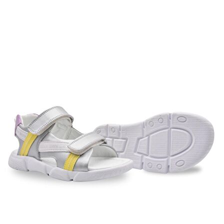 Jules Çift Cırtlı Deri Kız Çocuk Sandalet Gümüş