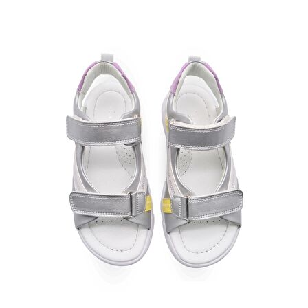 Jules Çift Cırtlı Deri Kız Çocuk Sandalet Gümüş