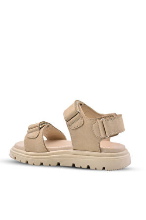 Santos Çift Cırtlı Hakiki Deri Unisex Çocuk Sandalet Bej Rengi