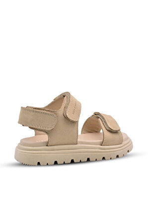 Santos Çift Cırtlı Hakiki Deri Unisex Çocuk Sandalet Bej Rengi