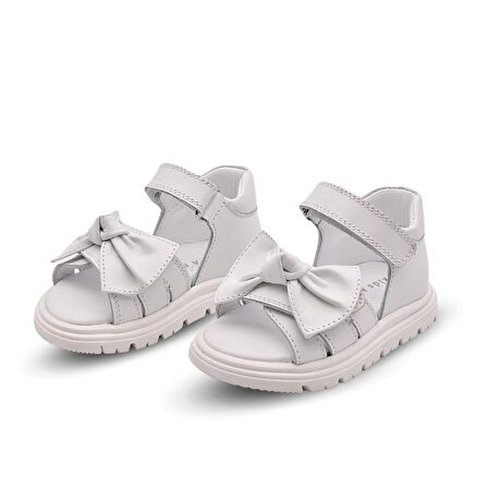 Katty  Çift Cırtlı Fiyonk Detaylı Hakiki Deri Kız Bebek Sandalet Beyaz