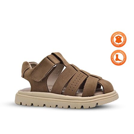 Galler Hakiki Deri Tek Cırtlı Unisex Çocuk Sandalet Kum Rengi