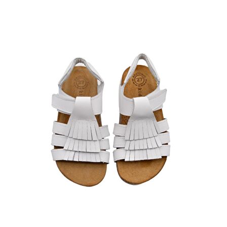 Loren Tek Cırtlı Püsküllü Deri Kız Çocuk Sandalet Beyaz