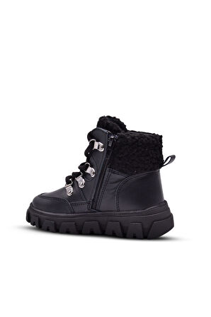 Carmen Peluş Kürk Yaka Detaylı Bağcıklı Ve Fermuarlı Deri Kız Çocuk Bot Siyah