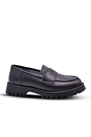 Vintage Hakiki Deri Loafer Kız Çocuk Okul Ayakkabısı Siyah Cilt