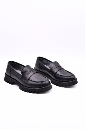 Vintage Hakiki Deri Loafer Kız Çocuk Okul Ayakkabısı Siyah Cilt