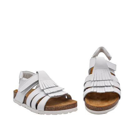 Loren Tek Cırtlı Püsküllü Deri Kız Çocuk Sandalet Beyaz