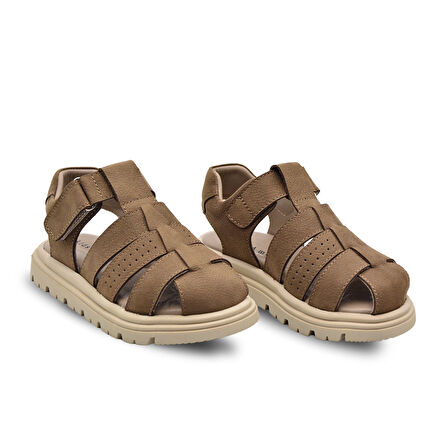 Galle Hakiki Deri Tek Cırtlı Unisex Çocuk Sandalet Kum Rengi
