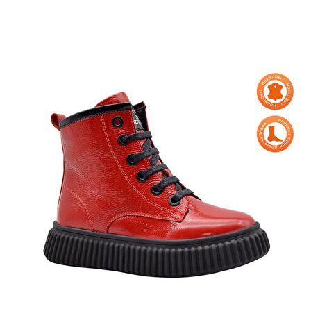 Lilly Bağcıklı Ve Fermuarlı Deri Kız Çocuk Bot Kırmızı