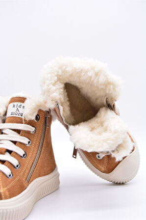 Keops Kız Ve Erkek Çocuk Hakiki Deri Bağcıklı Ve Fermuarlı İçi Kürklü Taba Rengi Bot