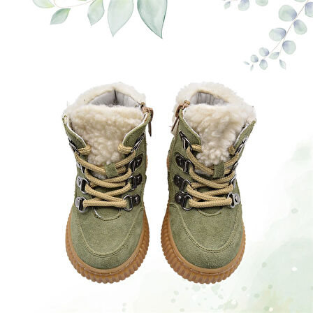 Dinos Peluş Kürk Yaka Detaylı Bağcıklı Ve Fermuarlı Deri Kız Çocuk Bot Açık Haki