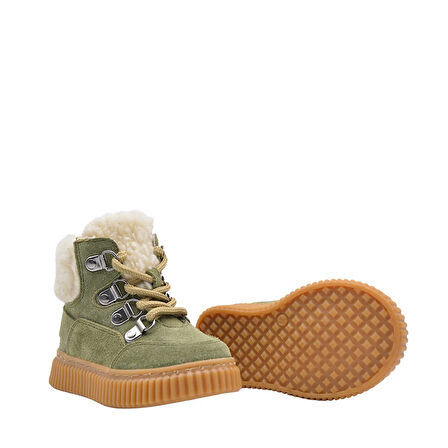 Dinos Peluş Kürk Yaka Detaylı Bağcıklı Ve Fermuarlı Deri Kız Çocuk Bot Açık Haki