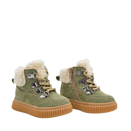 Dinos Peluş Kürk Yaka Detaylı Bağcıklı Ve Fermuarlı Deri Kız Çocuk Bot Açık Haki