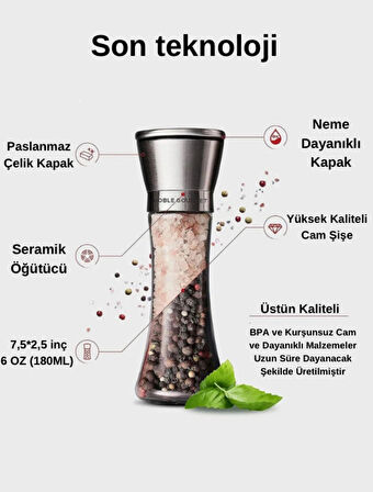 Metal Başlıklı Seramik Beyaz Karabiber Tuz ve Baharat Değirmen Öğütücü 130Gr- (Tuz Değirmeni)