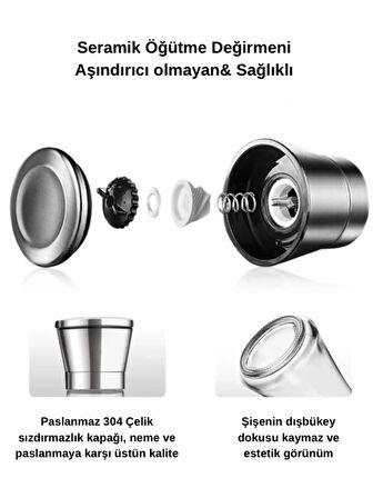 Metal Başlıklı Seramik Beyaz Karabiber Tuz ve Baharat Değirmen Öğütücü 130Gr- (Tuz Değirmeni)