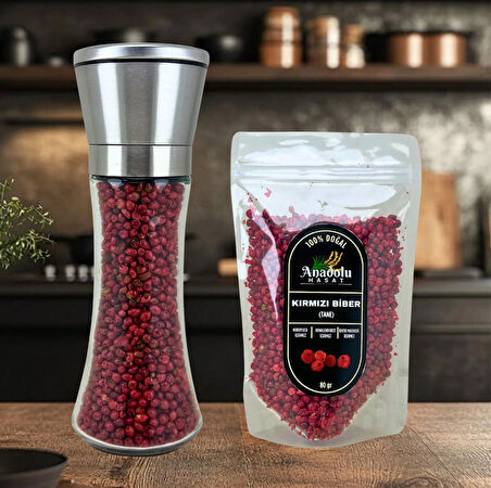 Kırmızı Tane Karabiber 80Gr + Metal Seramik Bıçaklı Baharat ve Tuz Öğütücü (Tuz Değirmeni) Dolu