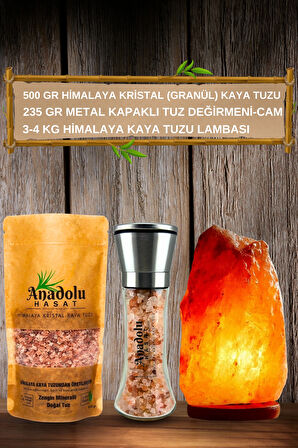500Gr Himalaya Tuzu- 235Gr Metal Tuz Değirmeni Cam Dolu- 3-4Kg Himalaya Tuz lambası