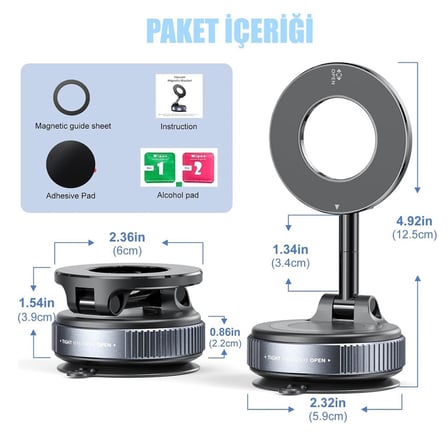 Hedyex K007 Vakumlu Manyetik Araç İçi Telefon Tutucu MagSafe Uyumlu 360 Derece Metal