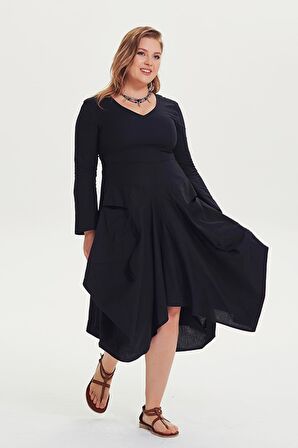 V Yaka Cepli Uzun Kollu Büyük Beden Elbise