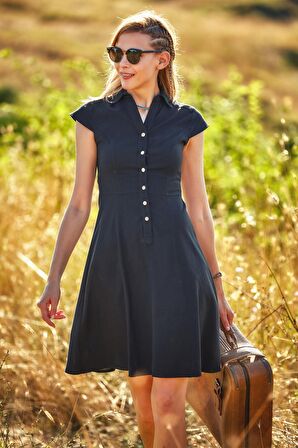 Gömlek Yaka Ön Düğmeli Kısa Kollu Kloş Elbise