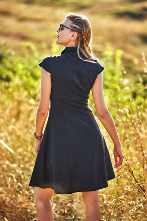 Gömlek Yaka Ön Düğmeli Kısa Kollu Kloş Elbise