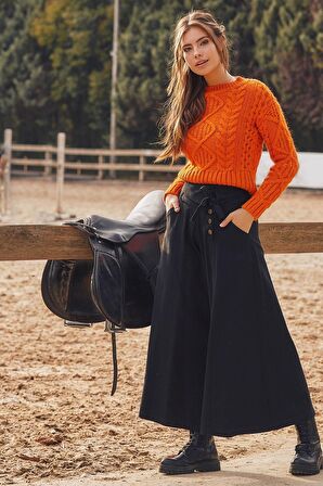 Düşük Bel Düğmeli Bol Paça Pantolon