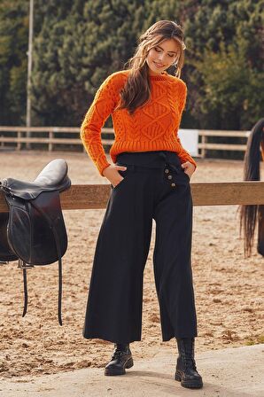 Düşük Bel Düğmeli Bol Paça Pantolon