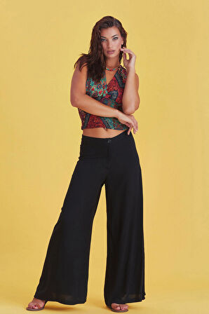 Palazzo Yüksek Bel Bol Kesim Siyah Pantolon