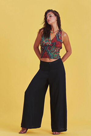 Palazzo Yüksek Bel Bol Kesim Siyah Pantolon