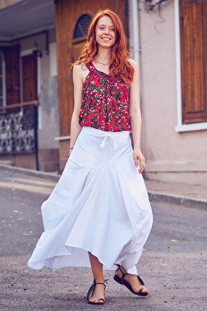 Etnik Beli Bağcıklı Cepli Uzun Salaş Etek