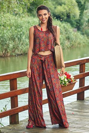 Bohem Beli Lastikli Düğmeli Tulum Elbise