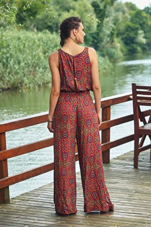 Bohem Beli Lastikli Düğmeli Tulum Elbise