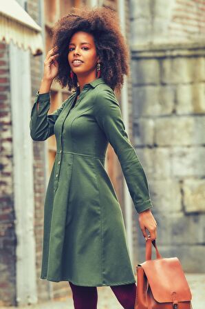 Düğmeli Uzun Kollu Diz Boyu Gömlek Elbise