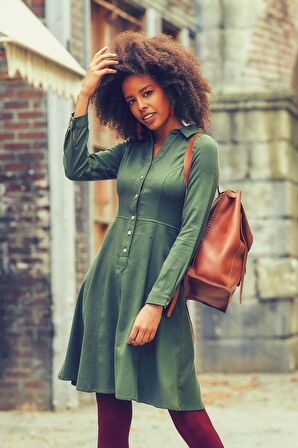 Düğmeli Uzun Kollu Diz Boyu Gömlek Elbise