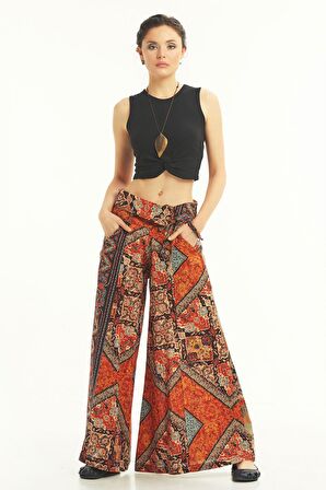 Düşük Bel Düğmeli Bol Paça Pantolon