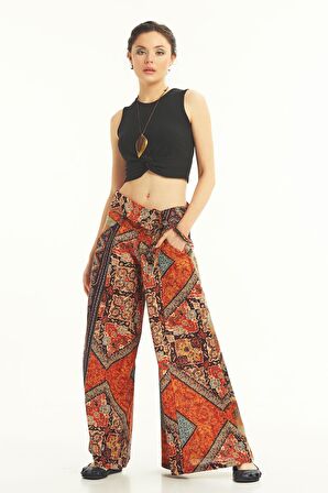Düşük Bel Düğmeli Bol Paça Pantolon