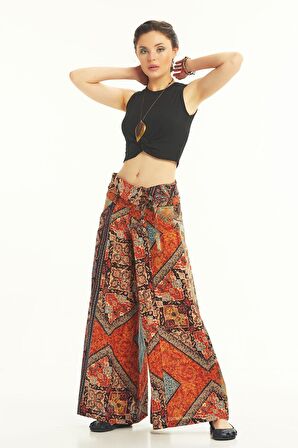 Düşük Bel Düğmeli Bol Paça Pantolon