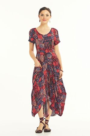 Bohem Tarz Cepli Yarım Kollu Uzun Elbise