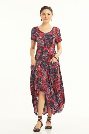 Bohem Tarz Cepli Yarım Kollu Uzun Elbise