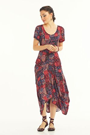 Bohem Tarz Cepli Yarım Kollu Uzun Elbise