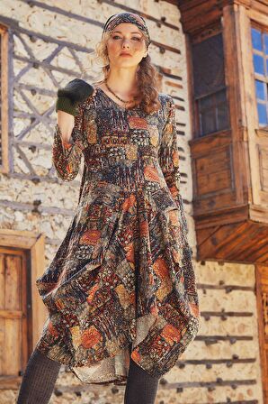 Asimetrik V Yaka Beli Bağlamalı Uzun Kollu Elbise